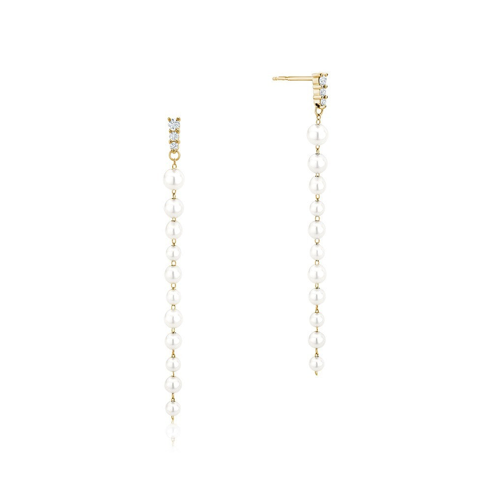 Long Pearl & diamond drop earrings