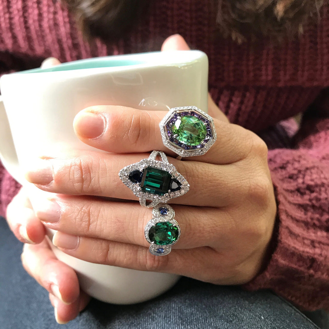 Mint Tourmaline, Amethyst and Diamond Ring