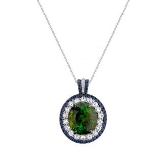18k white gold pendant with green tourmaline, rose cut diamonds and sapphires