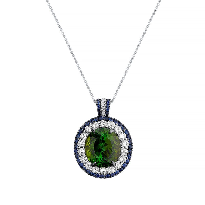 18k white gold pendant with green tourmaline, rose cut diamonds and sapphires