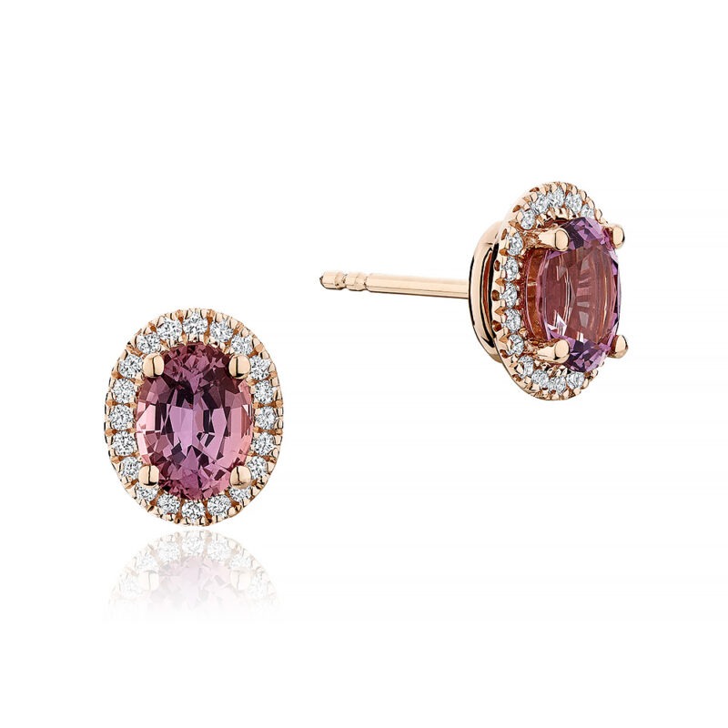 18k rose gold lavender spinel and diamond halo stud earrings