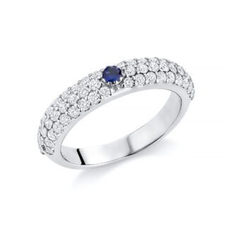 18k white gold pave stacking ring with diamonds and sapphire