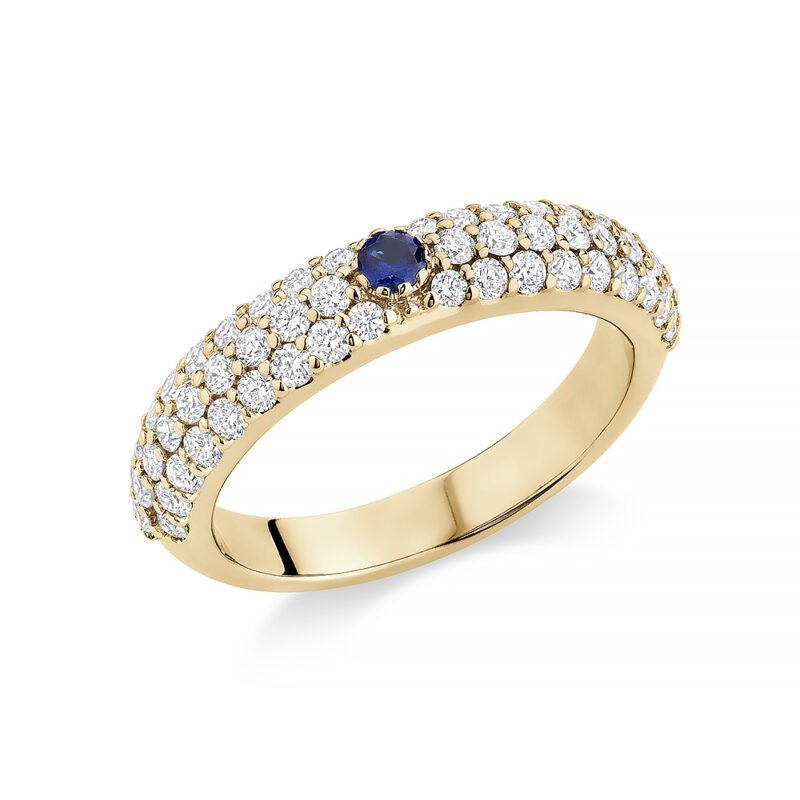 18k yellow gold pave stacking ring with diamonds and sapphire