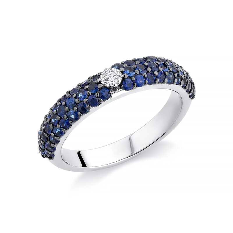 18k white gold pave stacking ring with diamond and sapphires
