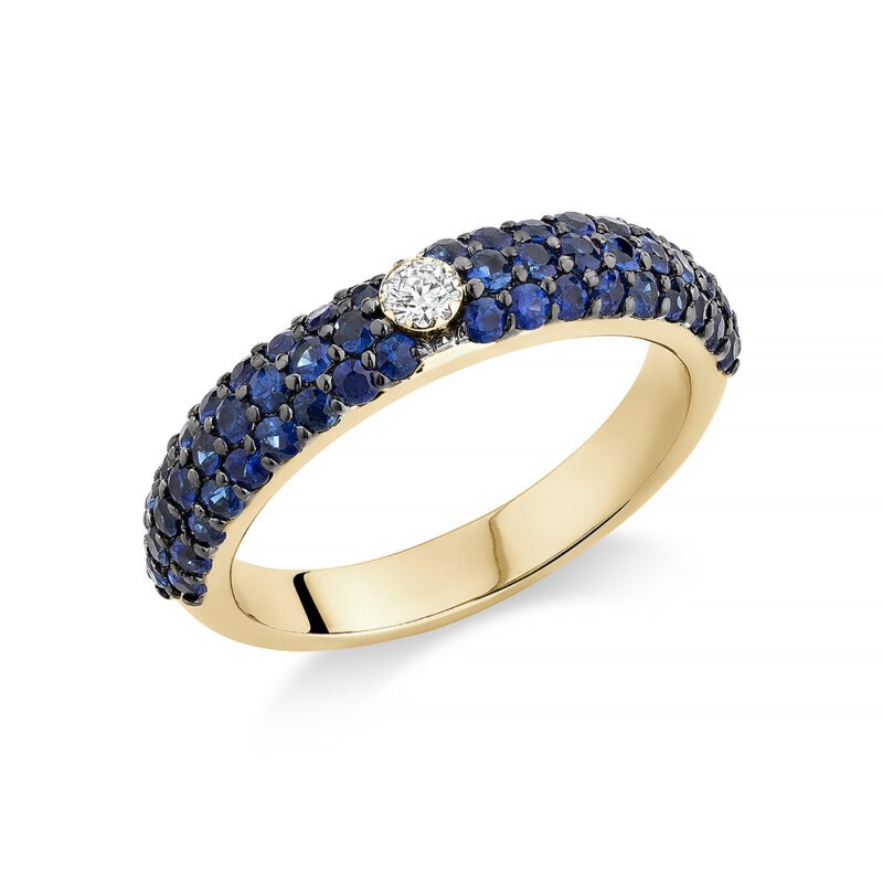 18k yellow gold pave stacking ring with diamond and sapphires