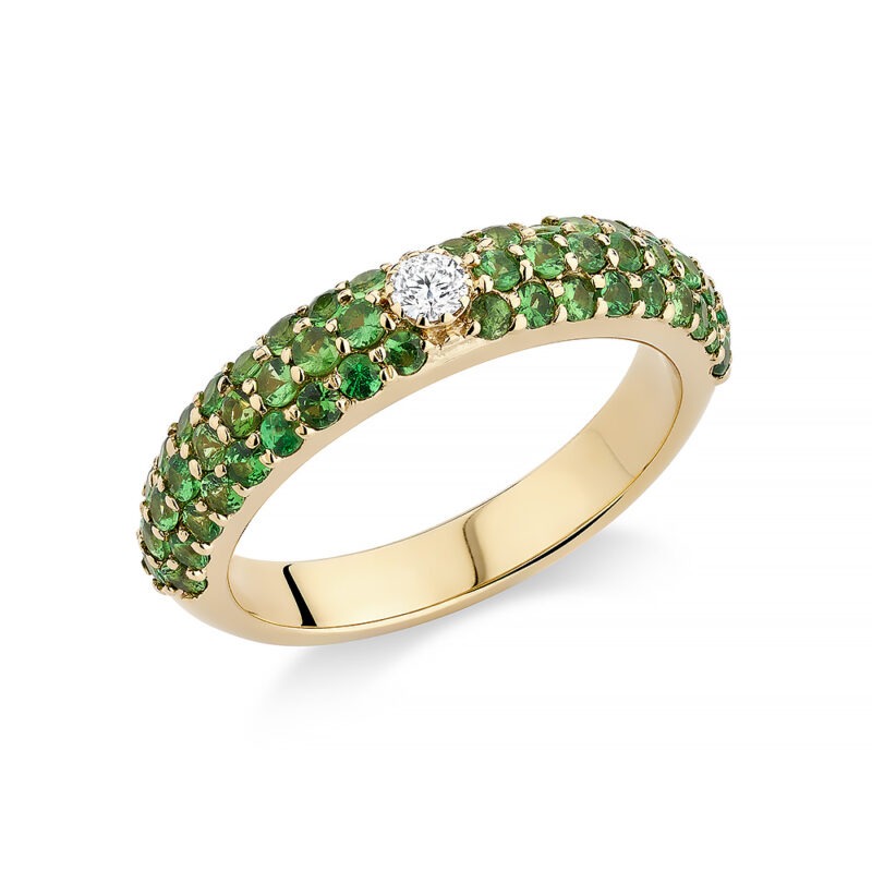 18k yellow gold pave stacking ring with diamond and tsavorite garnets
