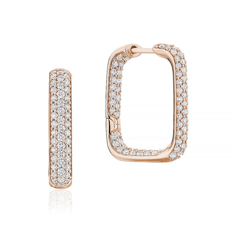 18k rose gold and diamond pave squared hoops