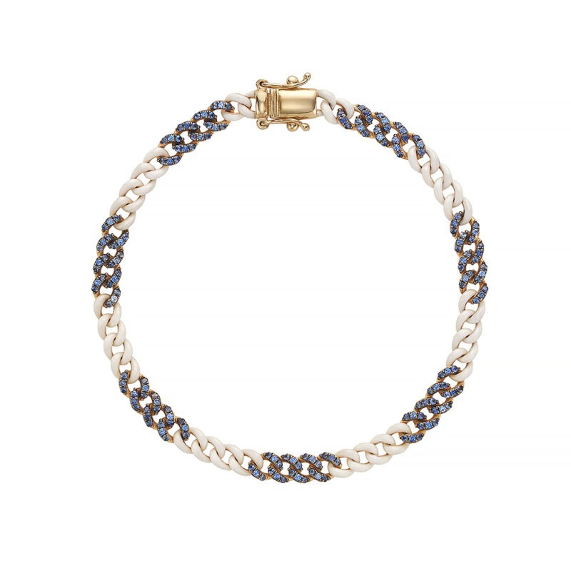 14k gold cuban link bracelet set with blue sapphires and white enamel.