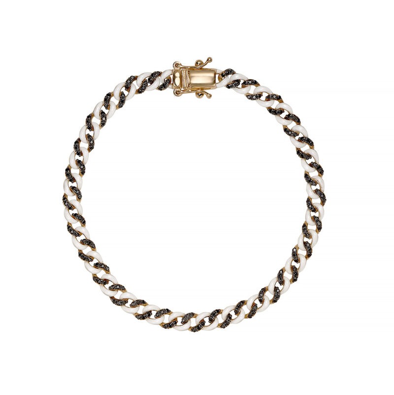14k gold cuban link bracelet set with black spinel and white enamel.