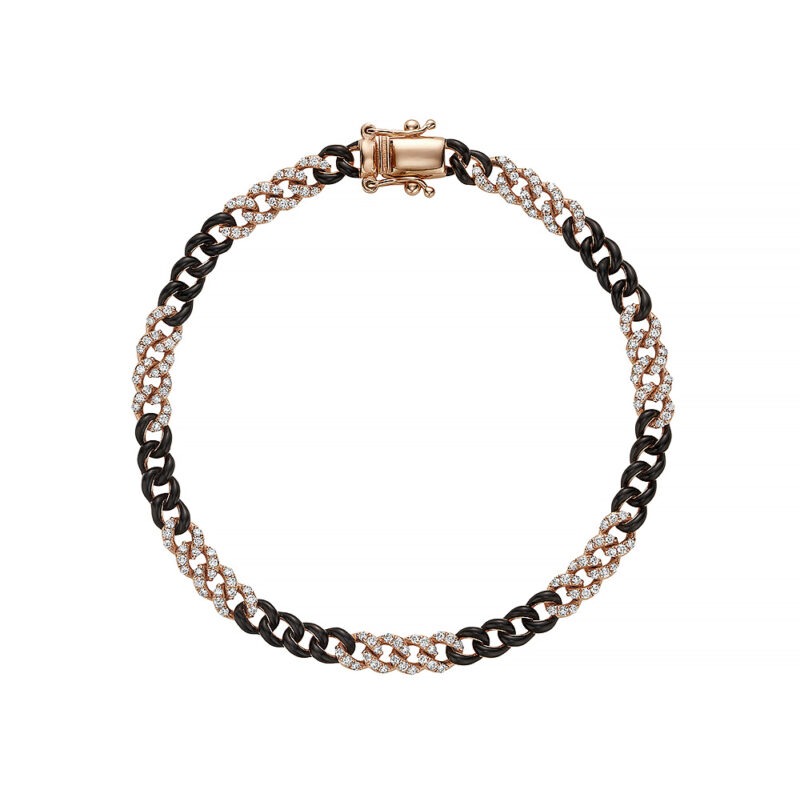 14k rose gold cuban link bracelet set with diamonds and black enamel.