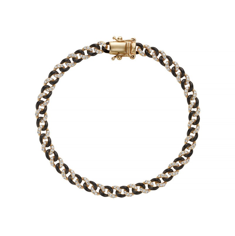 14k gold cuban link bracelet set with diamonds and black enamel.