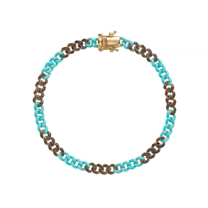 14k gold cuban link bracelet set with black diamonds and turquoise enamel.