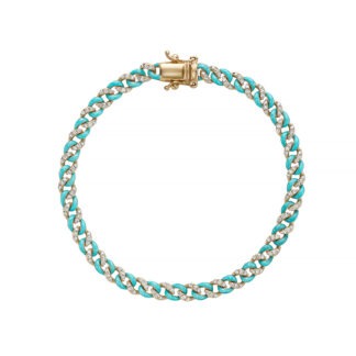 14k gold cuban link bracelet set with diamonds and turquoise enamel.