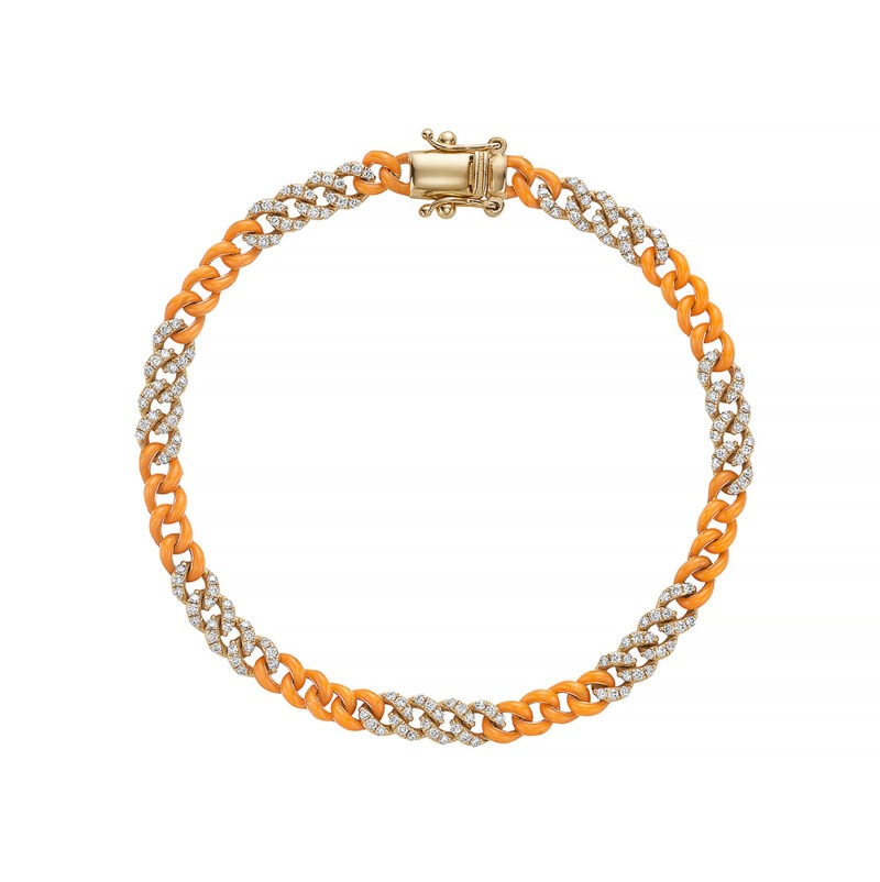 14k gold cuban link bracelet set with diamonds and orange enamel.