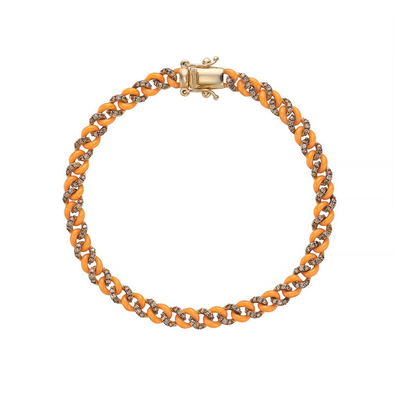 14k gold cuban link bracelet set with champagne diamonds and orange enamel.
