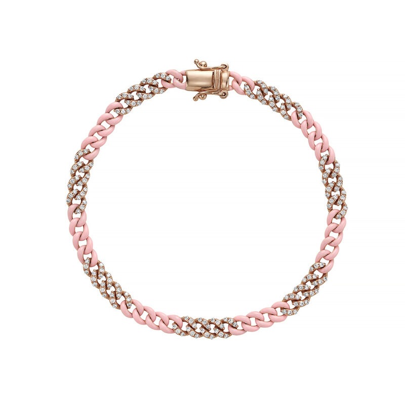 14k rose gold cuban link bracelet set with diamonds and pink enamel.