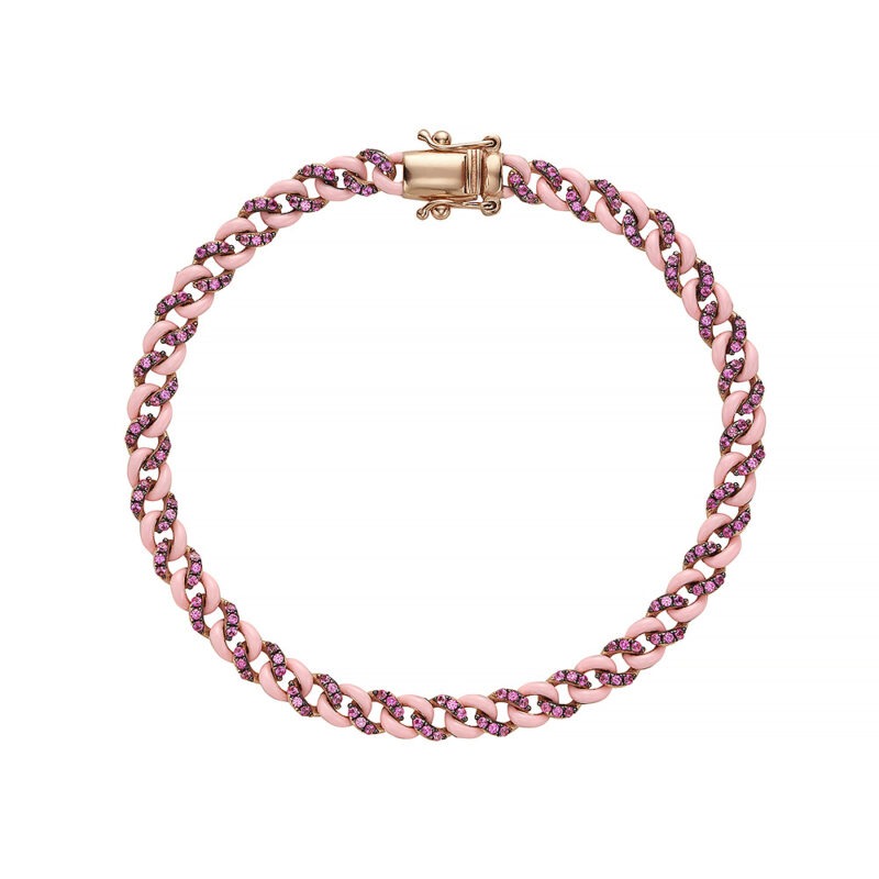14k rose gold cuban link bracelet set with pink sapphires and pink enamel.