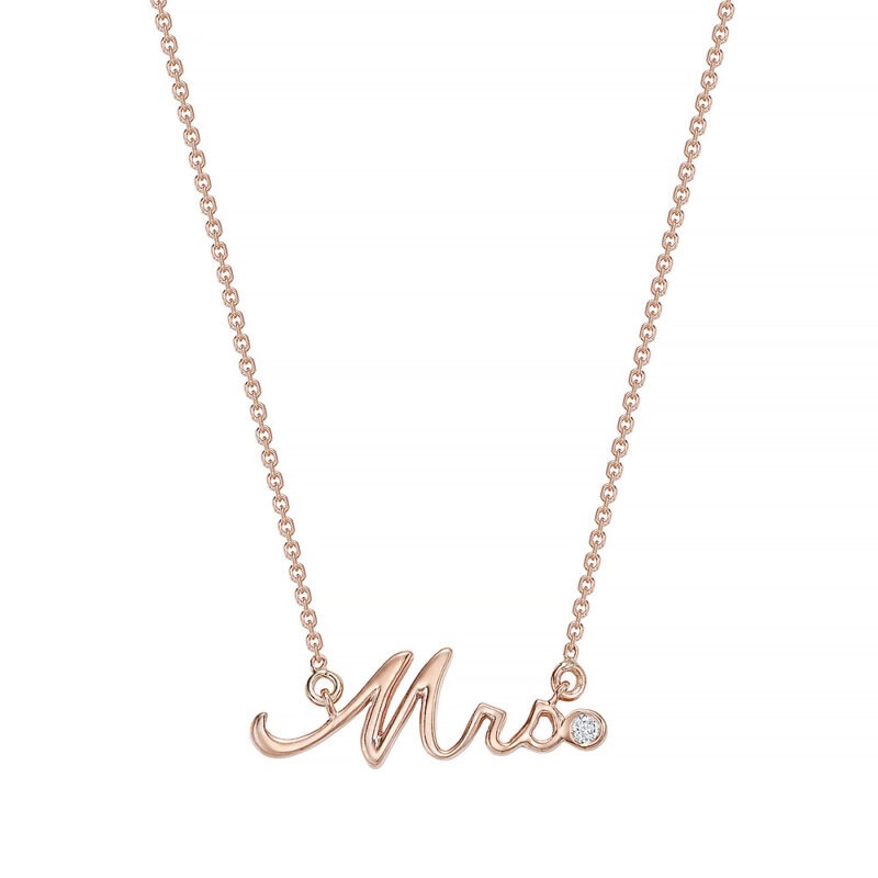 18k rose gold Mrs pendant accented with one round brilliant cut diamond