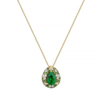 18k yellow gold pendant featuring a pear shaped tsavorite garnet, and accented by tsavorites and diamonds