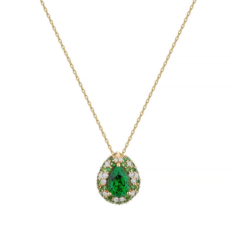 18k yellow gold pendant featuring a pear shaped tsavorite garnet, and accented by tsavorites and diamonds