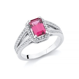 18k white gold and diamond ring set with an emerald cut rhodolite garnet