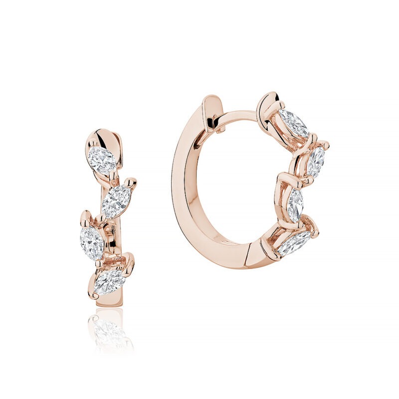 18k rose gold and diamond huggies set with marquise shaped diamonds