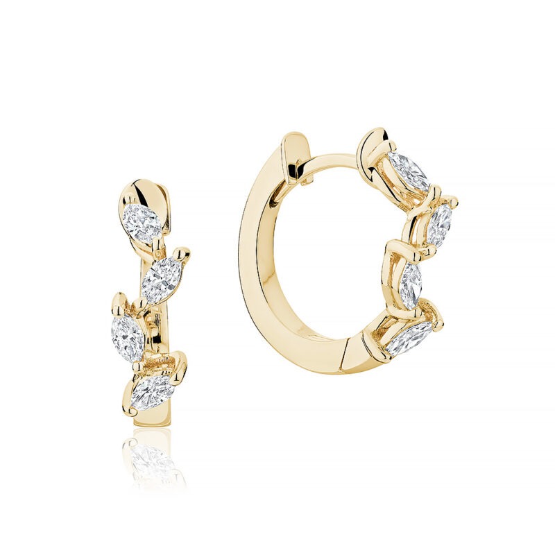 18k gold and diamond huggies set with marquise shaped diamonds